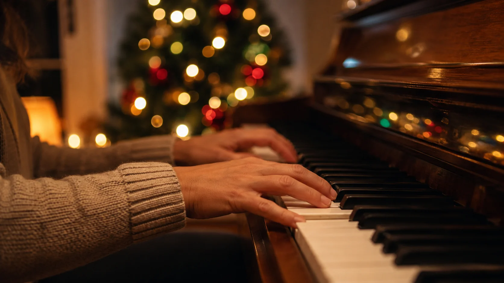 Vista próxima de mãos tocando teclas de piano com luzes natalinas coloridas suaves desfocadas ao fundo, clima íntimo e quente de noite
