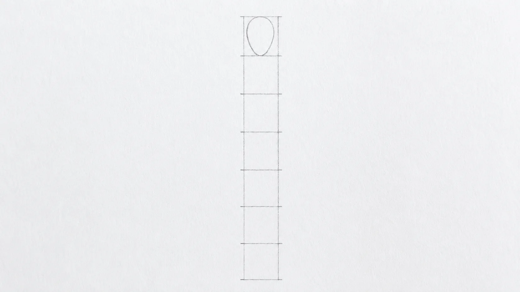 Uma linha vertical leve a lápis dividida em oito segmentos iguais com pequenas marcas, com uma forma simples de cabeça desenhada no primeiro segmento como referência de escala