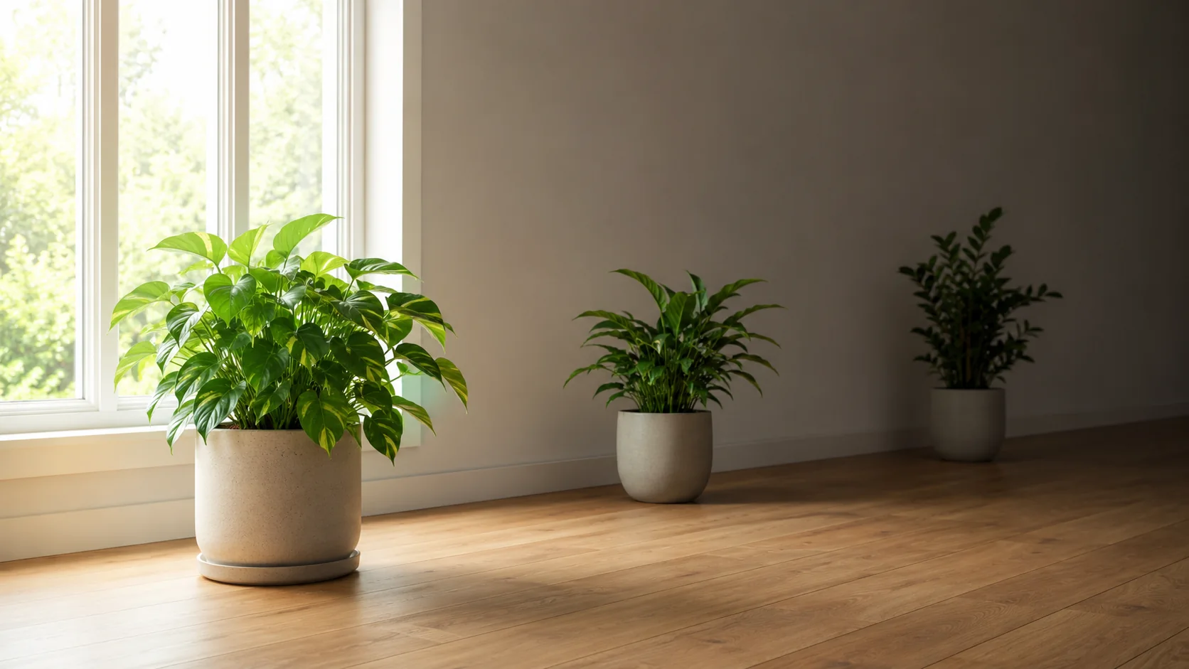 Três plantas em vasos dispostas a distâncias crescentes de uma janela clara, da luz forte até a meia-sombra