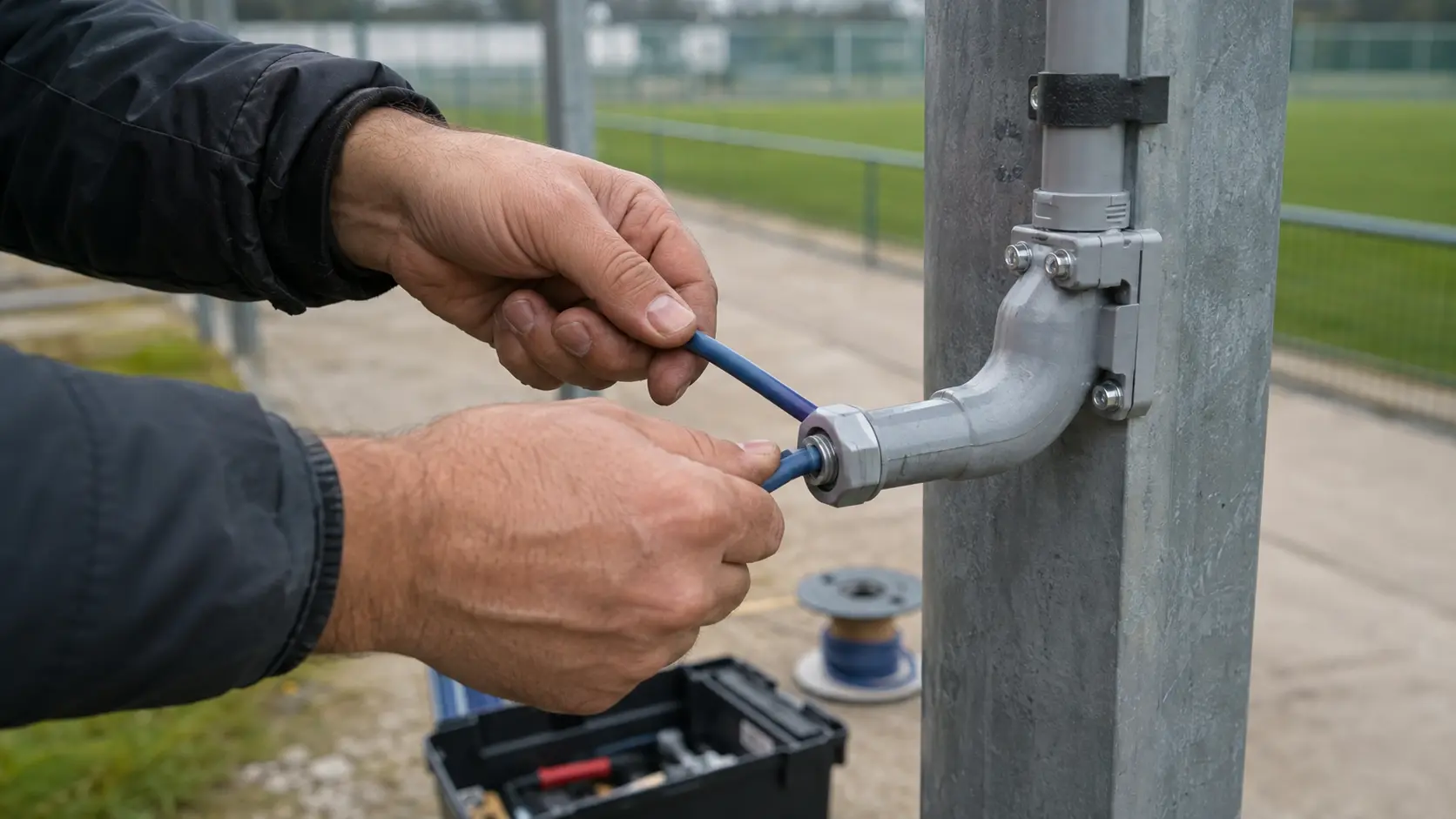 Manos pasando cable de red por ducto en un poste metálico de una cancha deportiva