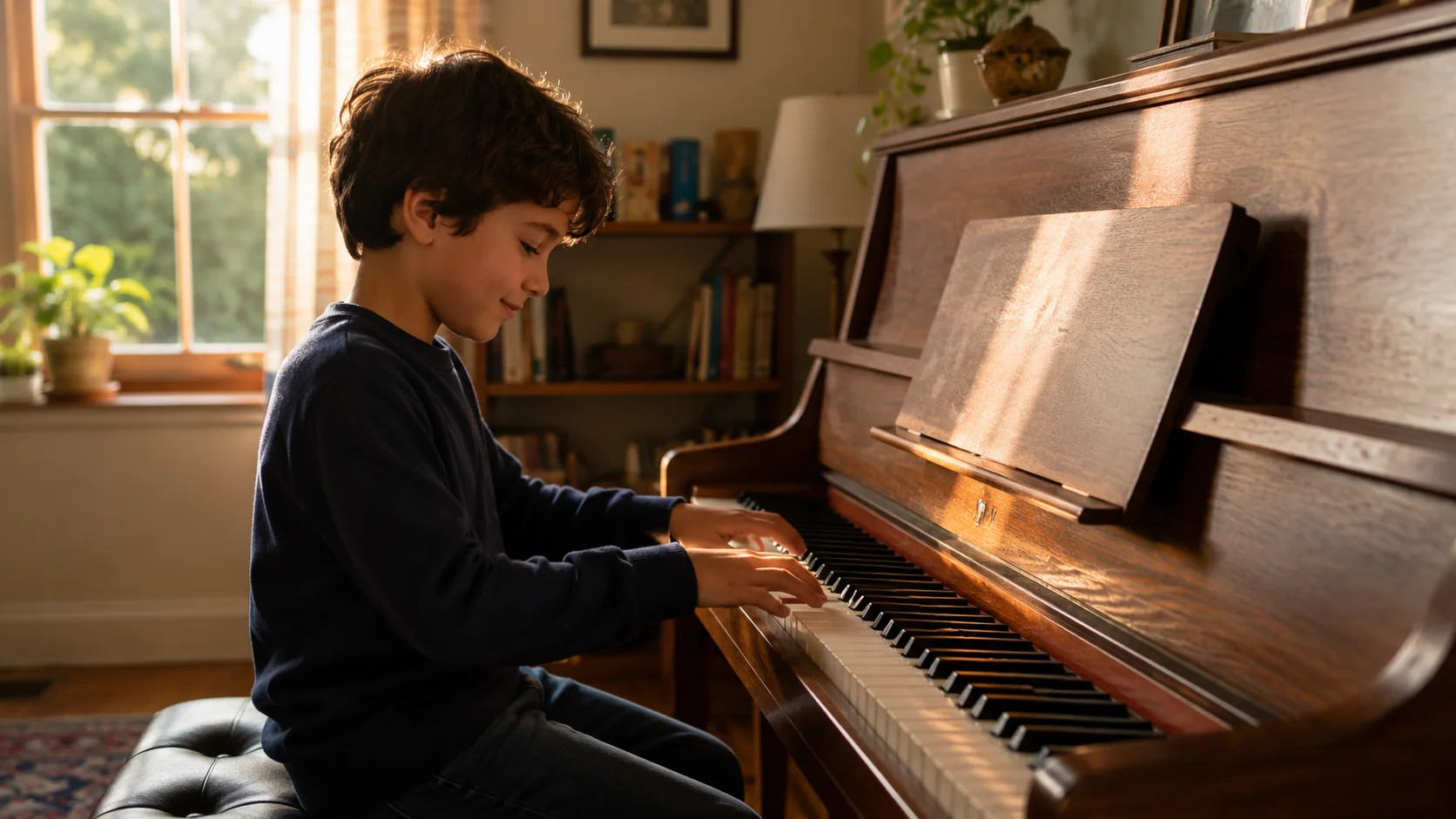 A school-age child playing an upright piano with both hands, concentrating happily, sheet stand empty, afternoon light through a window