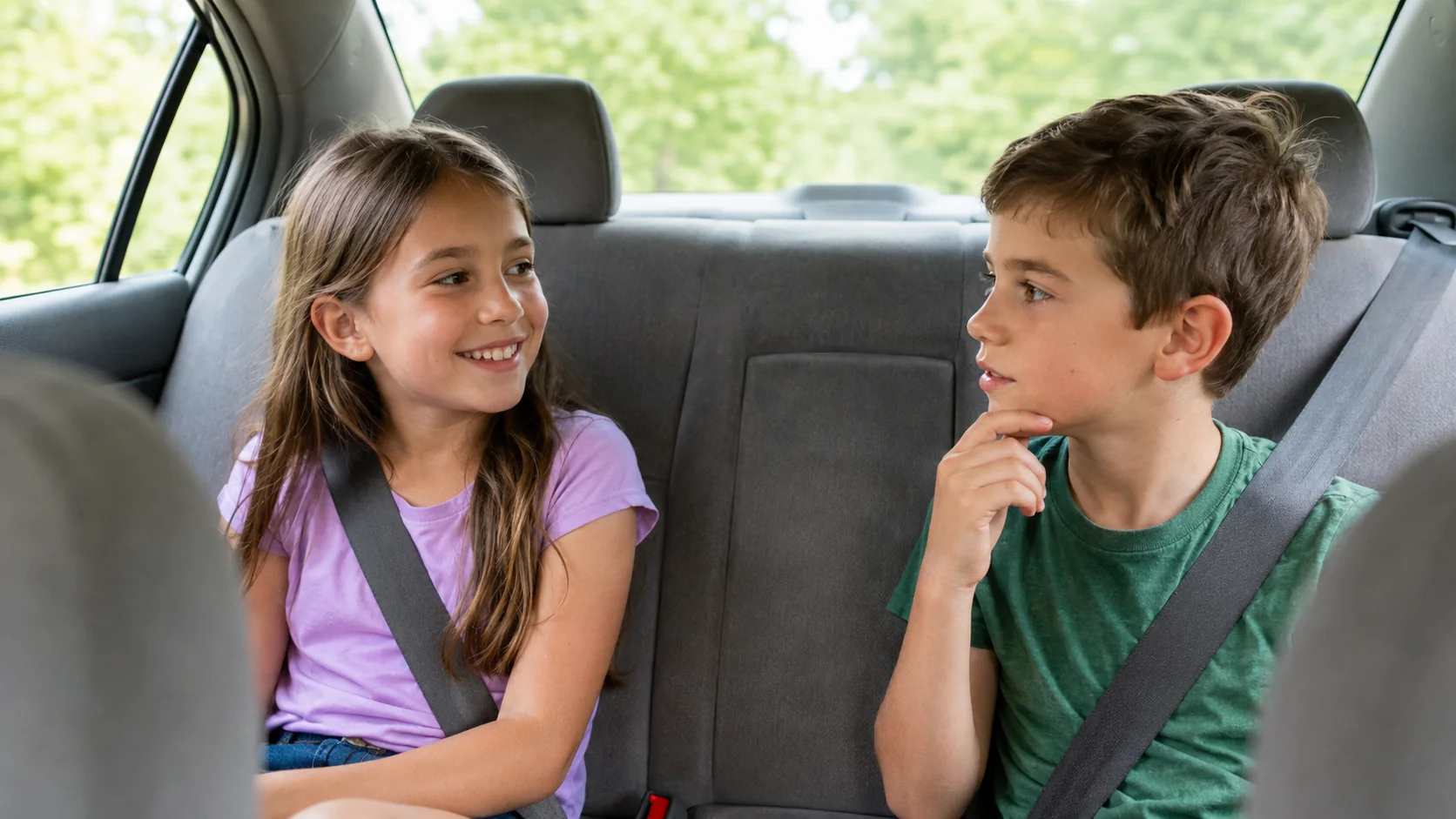 Two children in the back seat of a car turned toward each other mid conversation, one thinking and one grinning