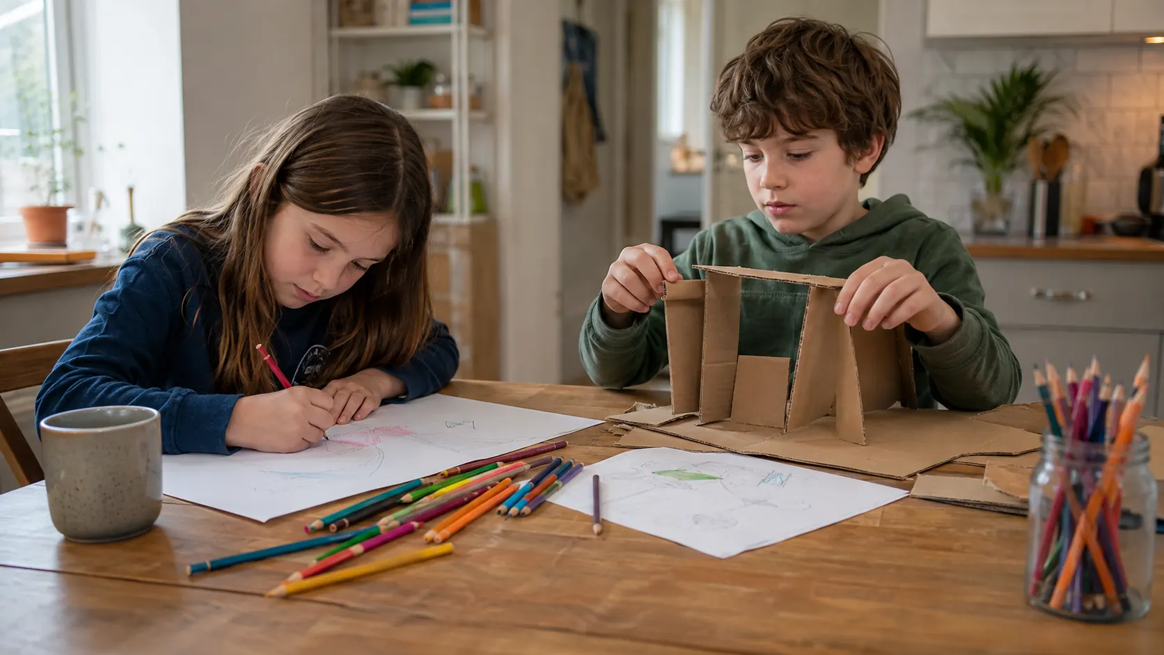 Dos niños en edad escolar en una mesa de cocina con papel, lápices de colores y una construcción de caja de cartón a medio hacer entre ellos