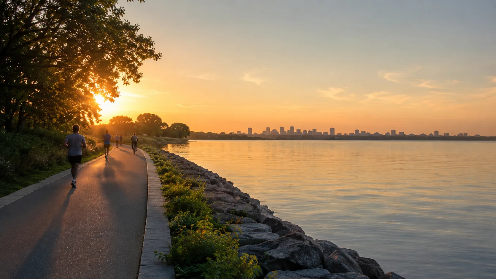 Um caminho pavimentado à beira de lago na hora dourada com corredores e um ciclista como figuras pequenas ao longe, água calma refletindo luz quente, skyline suave no horizonte