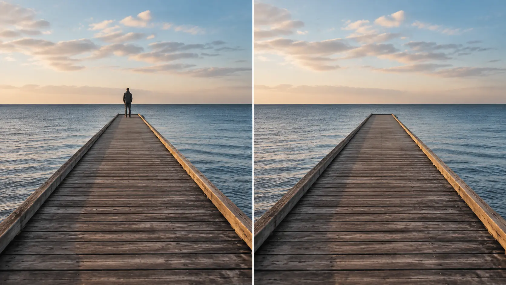 The same coastal boardwalk photographed twice, once with the walkway leading to a lone figure at its end and once leading to an empty horizon, showing how the destination changes the picture