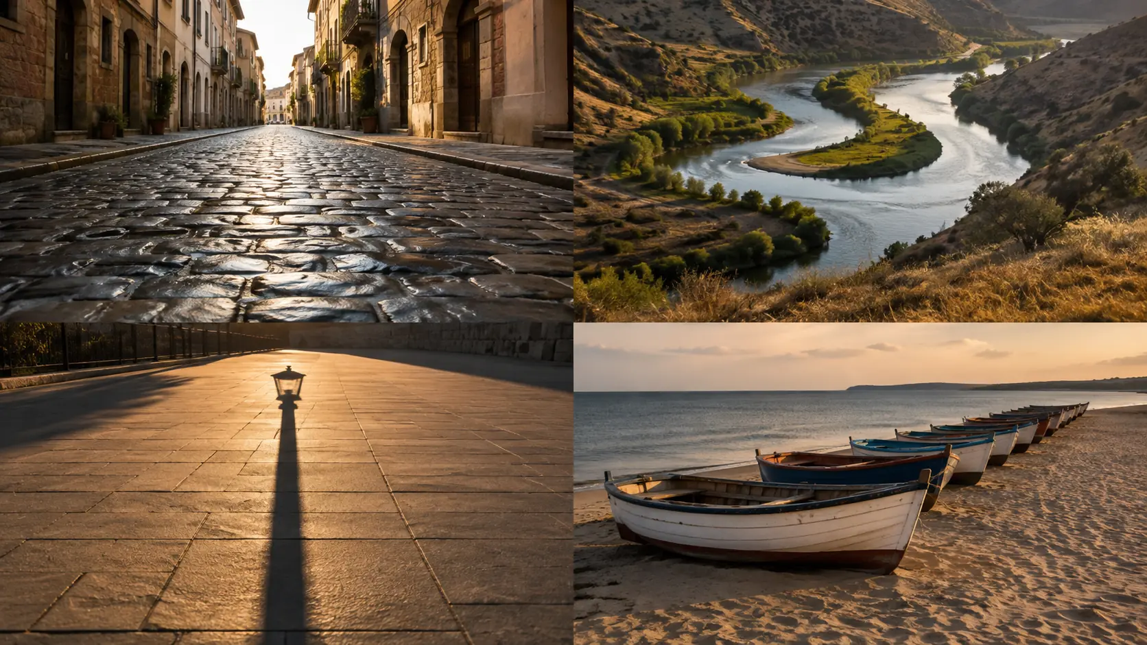Four small scenes side by side showing a road converging into the distance, a winding river, a long shadow cast across paving stones, and a row of wooden boats implying a line