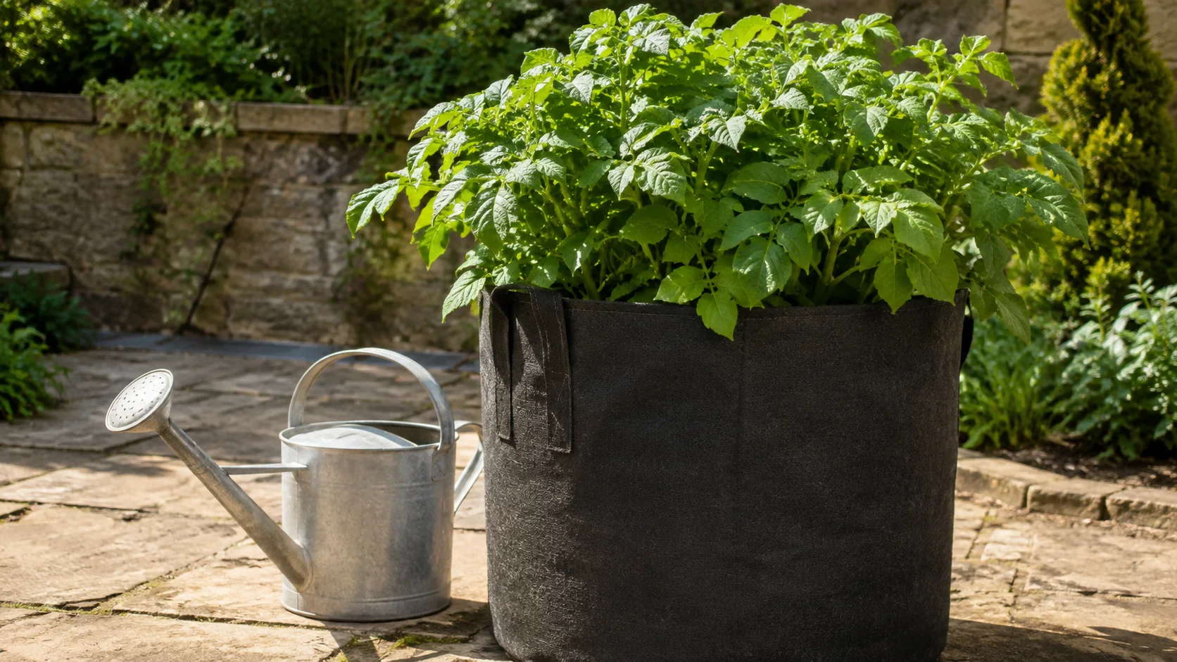 Plantas de batata frondosas e saudáveis crescendo numa sacola de cultivo grande de tecido num pátio ensolarado, regador ao lado da sacola