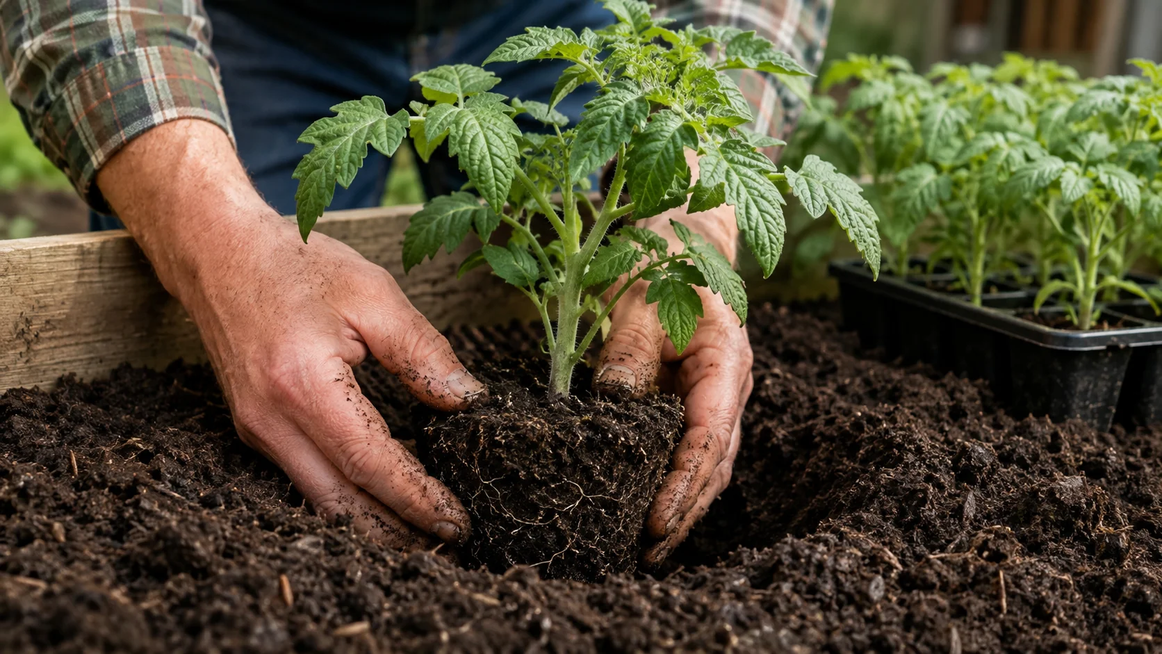 Manos bajando un plantín joven y compacto de tomate a un hoyo profundo en suelo oscuro de jardín, más plantines en bandejas esperando junto al cantero en la luz de la mañana