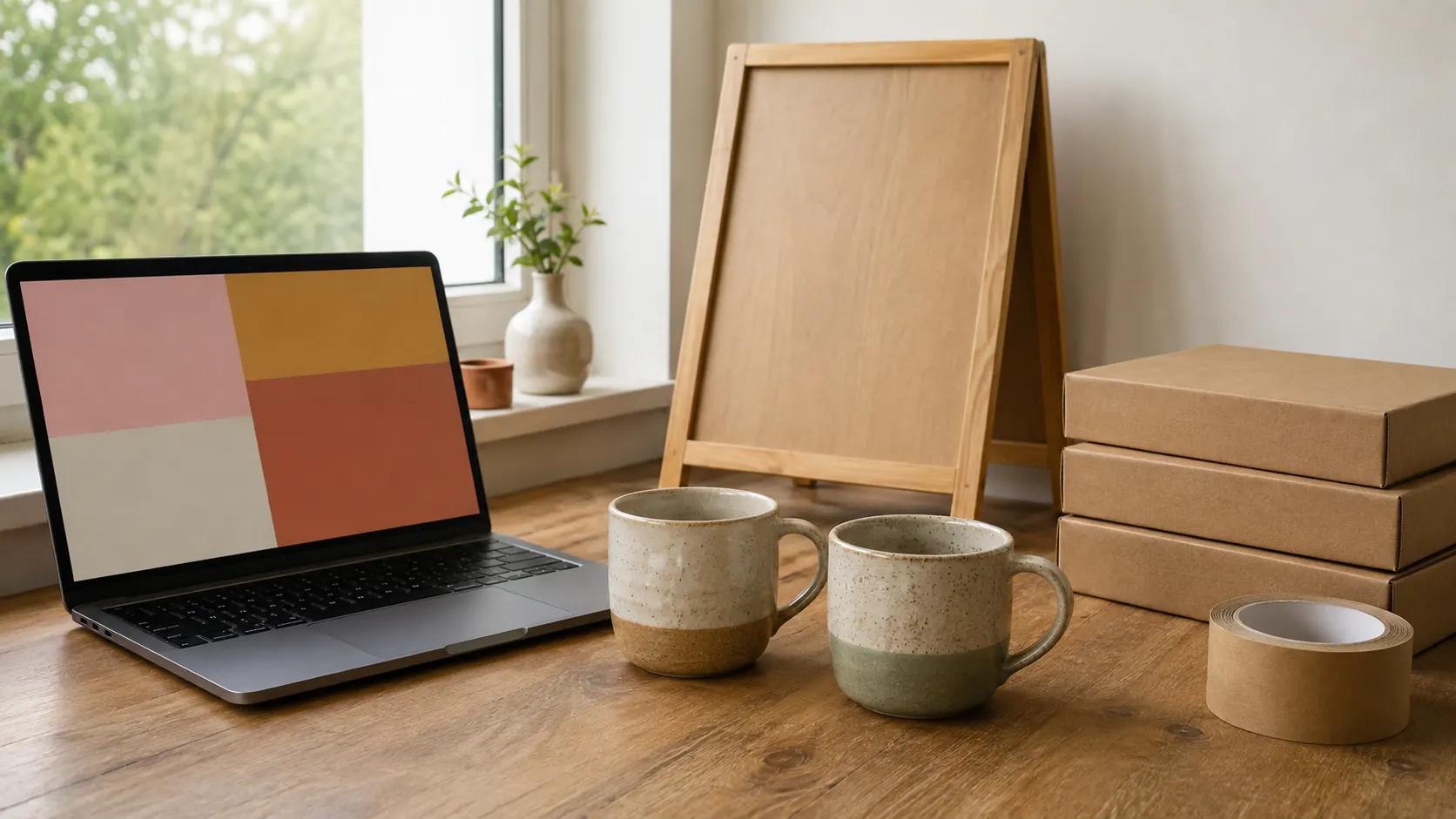A maker's workspace with finished handmade goods, a laptop showing an online shop, a stack of shipping boxes and a market stall sign leaning against the wall