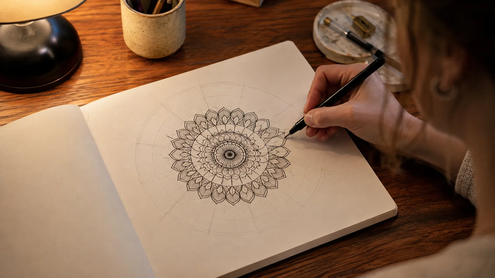 Uma mão desenhando um anel de motivos de pétala repetidos numa mandala guiada a lápis num sketchbook aberto, fineliner na mão, luz quente de mesa