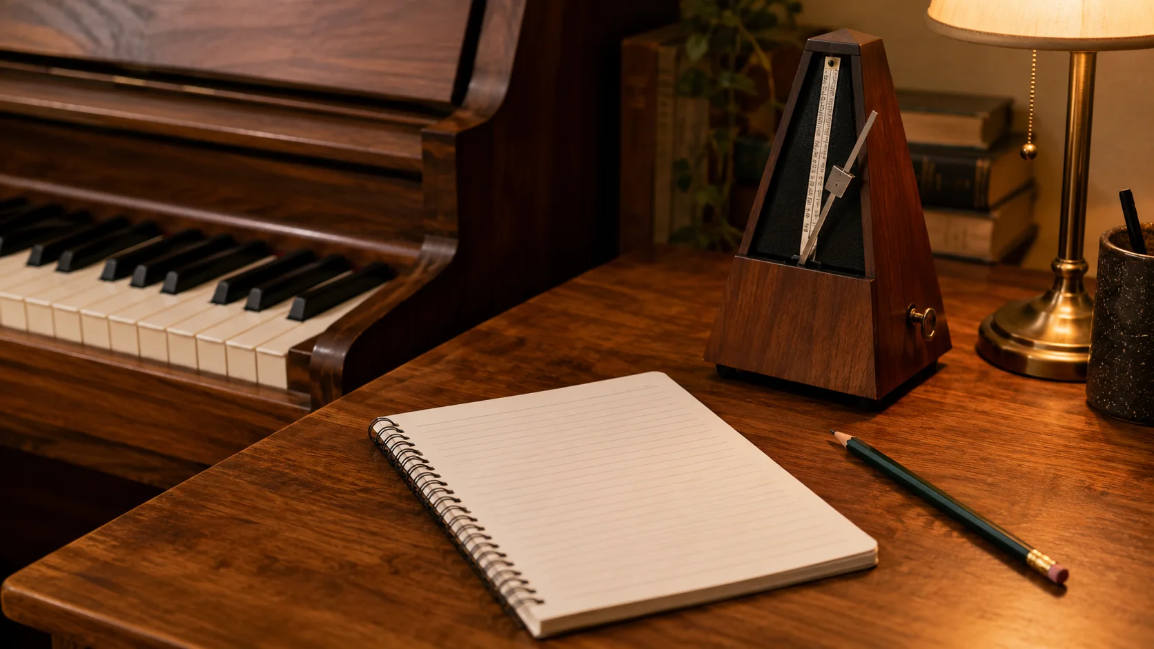 Um metrônomo de madeira, um lápis e um caderno pautado em branco numa escrivaninha aconchegante ao lado de teclas de piano, sem texto legível