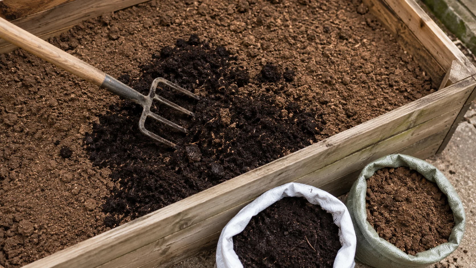 Um canteiro elevado de madeira parcialmente cheio mostrando composto escuro sendo misturado à terra mais clara com um garfo de jardim, com sacos de material apoiados no chão ao lado