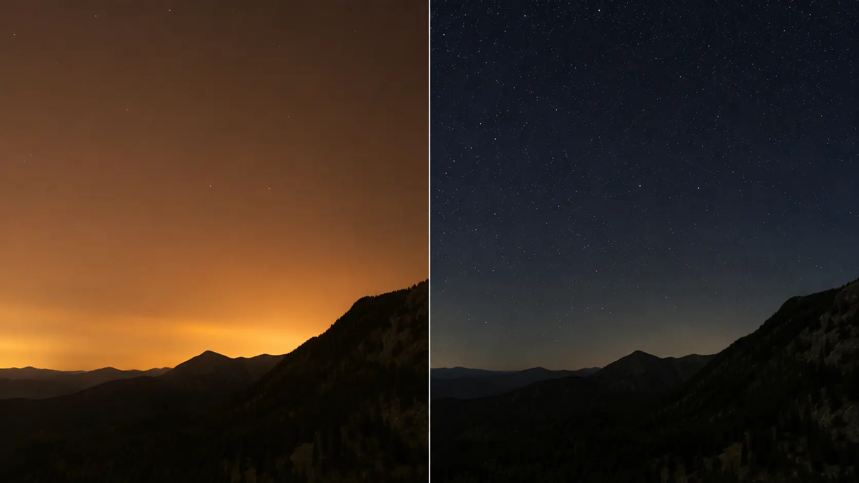 The same hillside photographed at night from two locations, one near town with an orange-washed sky and few stars, one in true darkness with the sky dense with stars