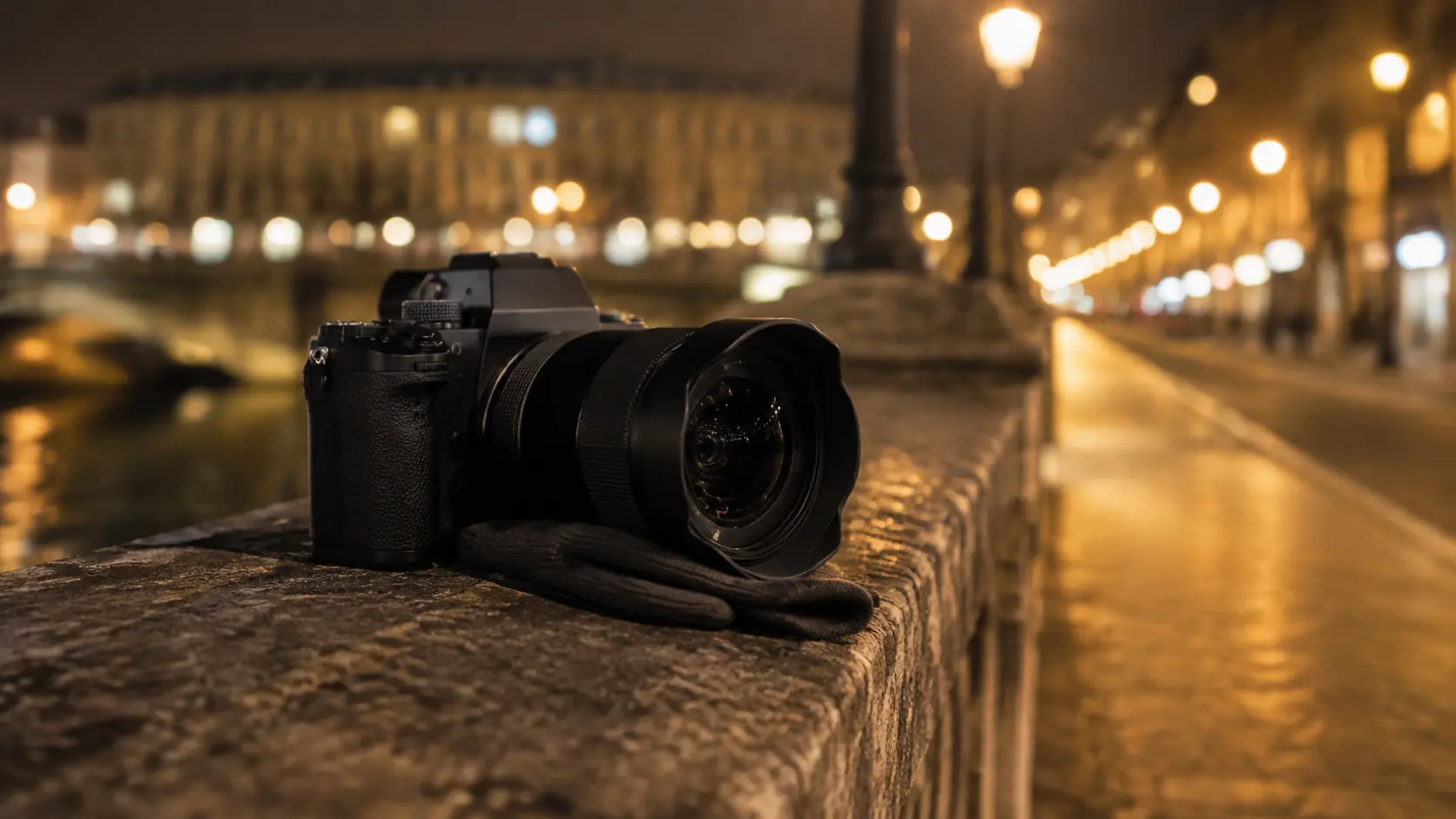 A camera resting on a stone ledge overlooking a lit city street at night, propped at an angle with a folded glove, no tripod in sight