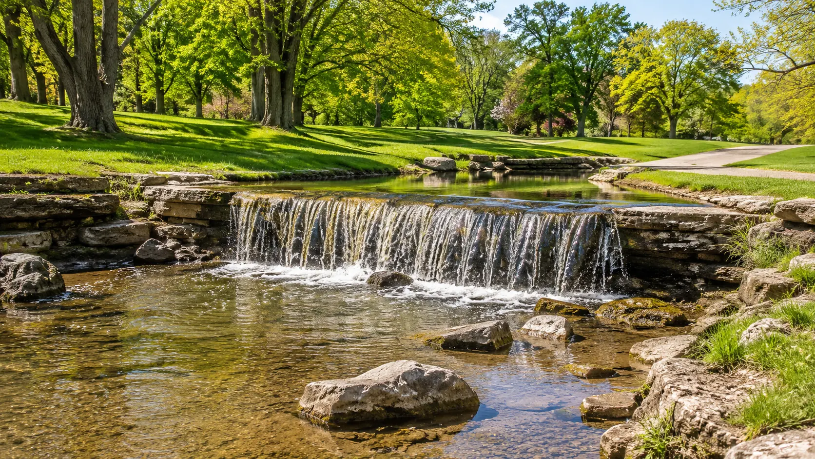 Escena ilustrativa: cascada ancha y baja de caliza cayendo por una plataforma de arroyo en un parque suburbano verde, típica del norte de Texas tras la lluvia