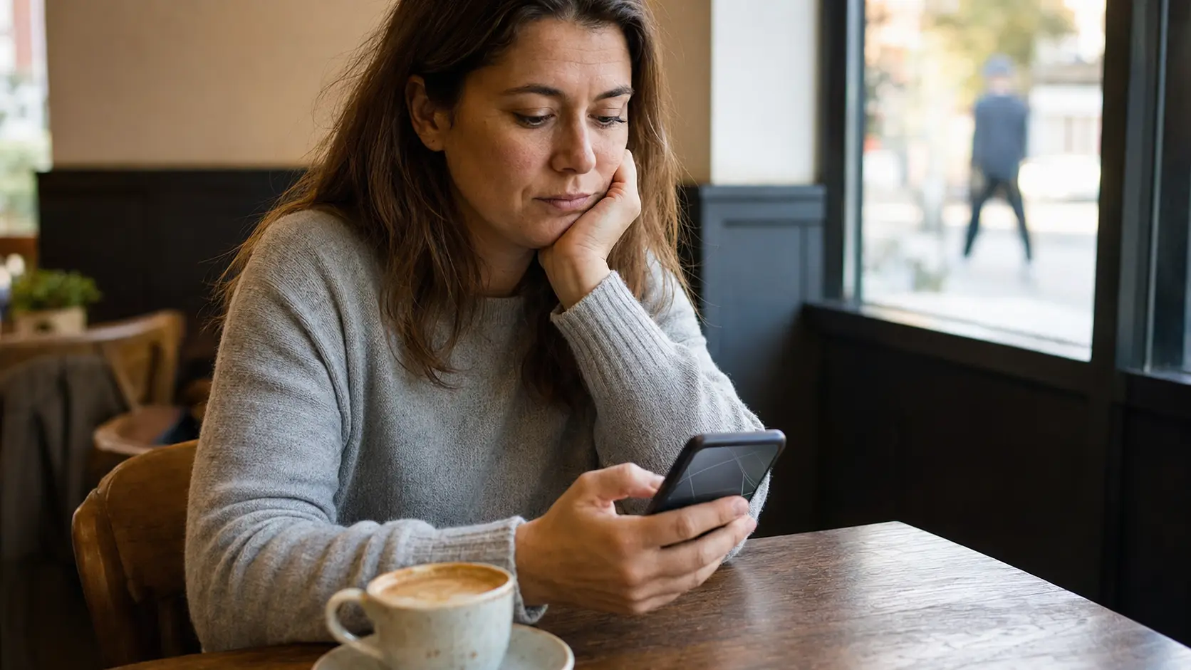 Pessoa numa mesa de café olhando o celular com um café ao lado, expressão de espera