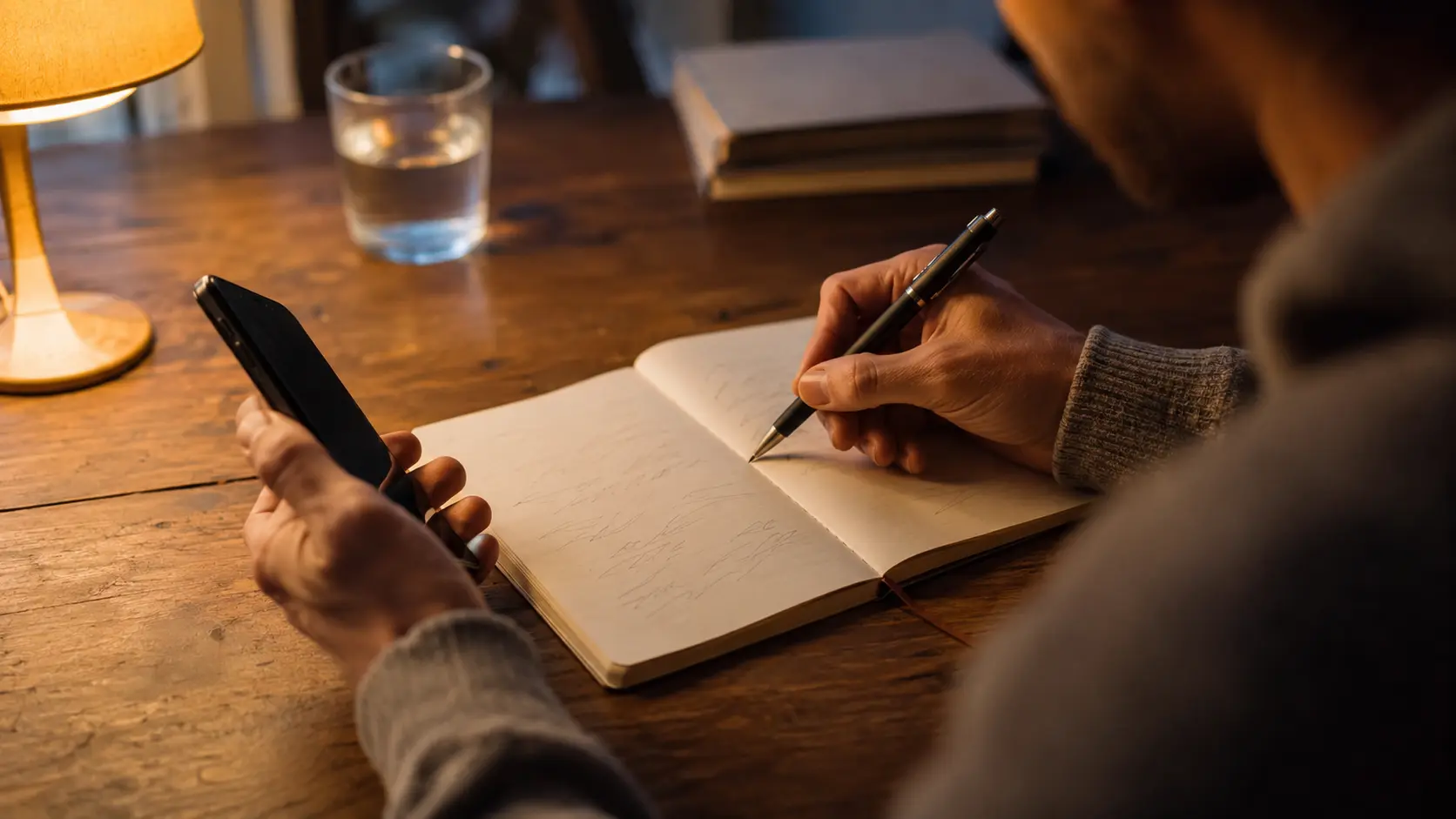 Persona en una mesa con el celular en una mano y un cuaderno abierto, anotando algo con gesto pensativo