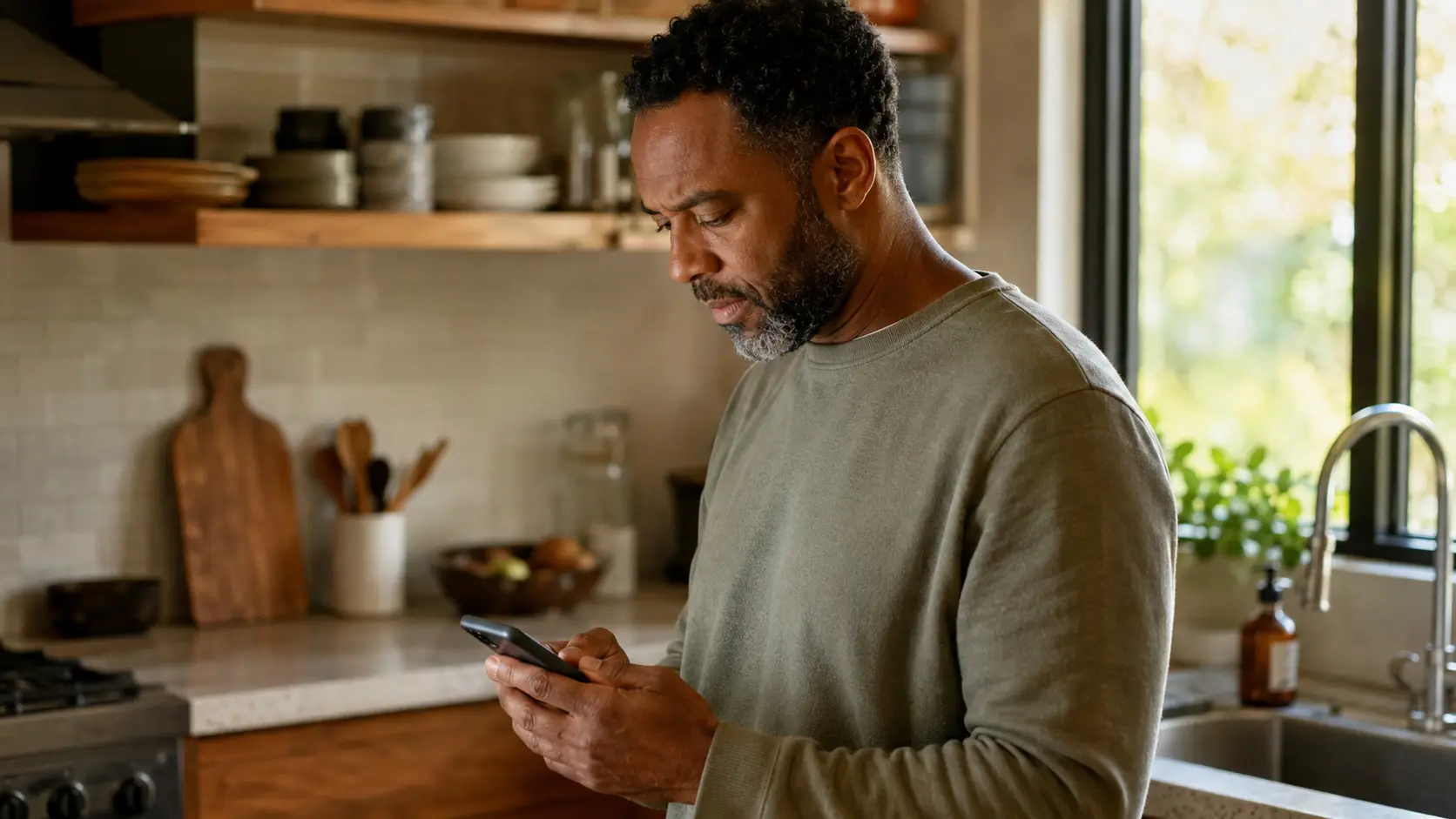Person sitting at a kitchen table checking something on a phone with a doubtful expression