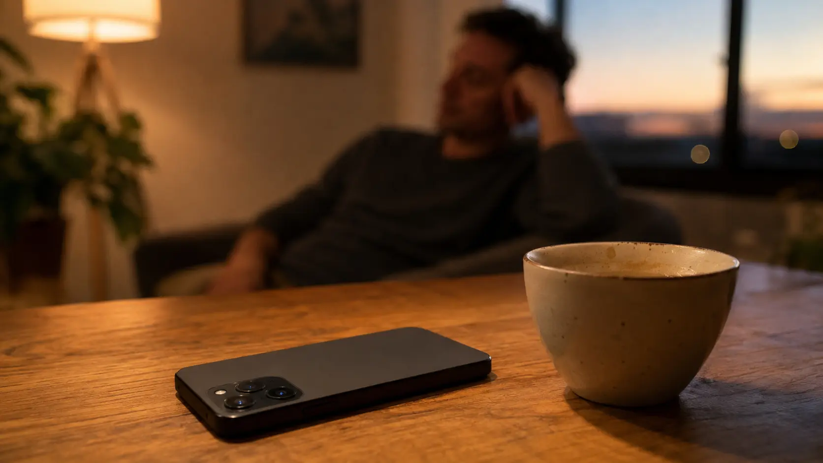 Celular boca abajo sobre la mesa junto a una taza de café por la noche, con la persona recostada en la silla