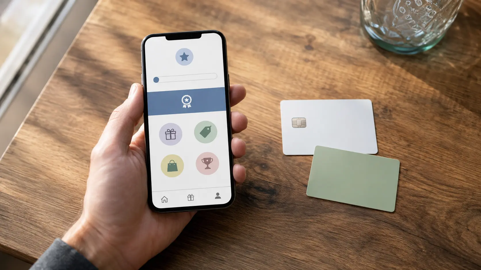 Hand holding a phone showing a reward balance next to a prepaid card and a gift card on a table