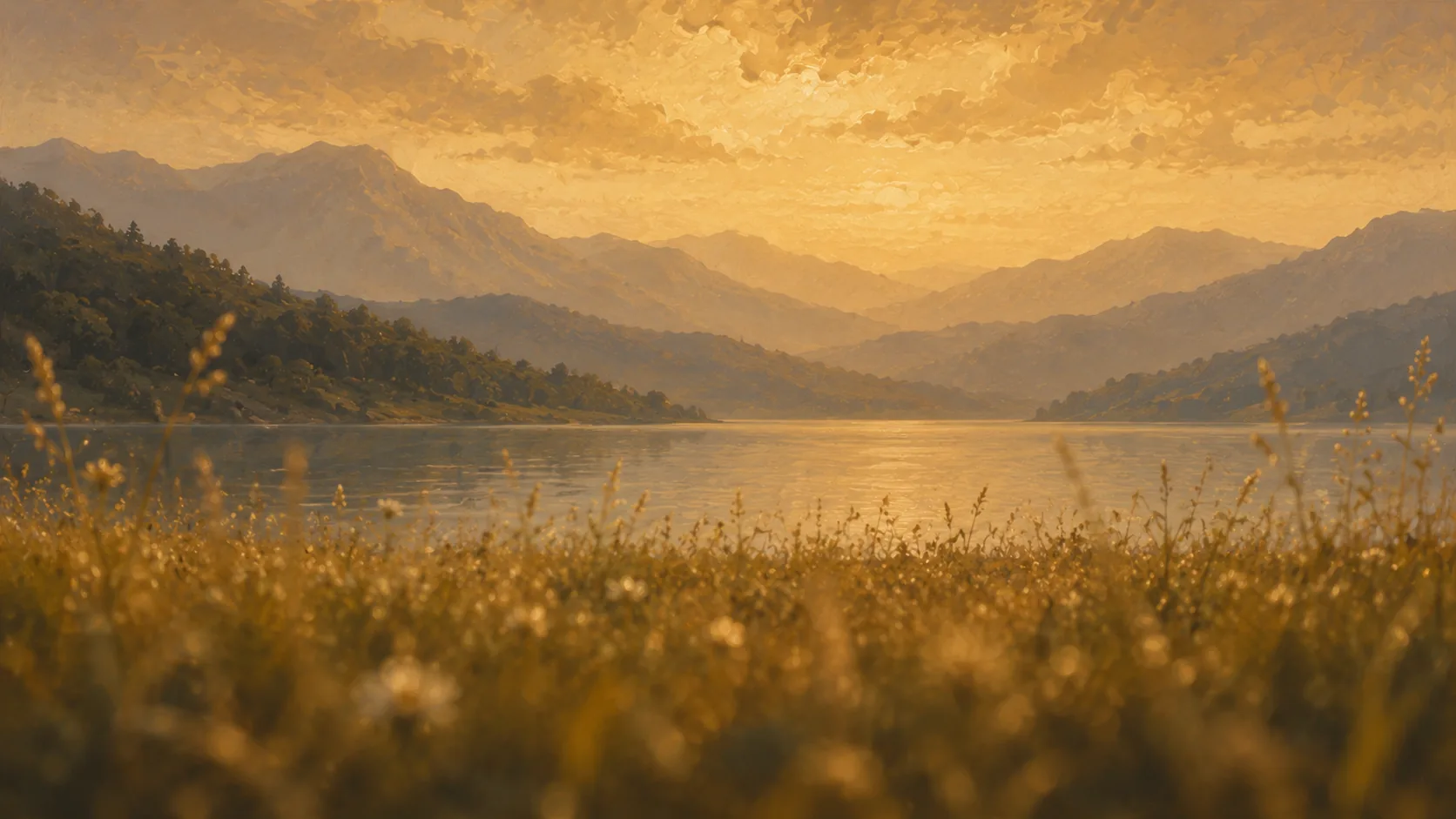 A landscape frame with grass in the near foreground, a lake in the middle distance and hills behind, showing three distinct depth planes