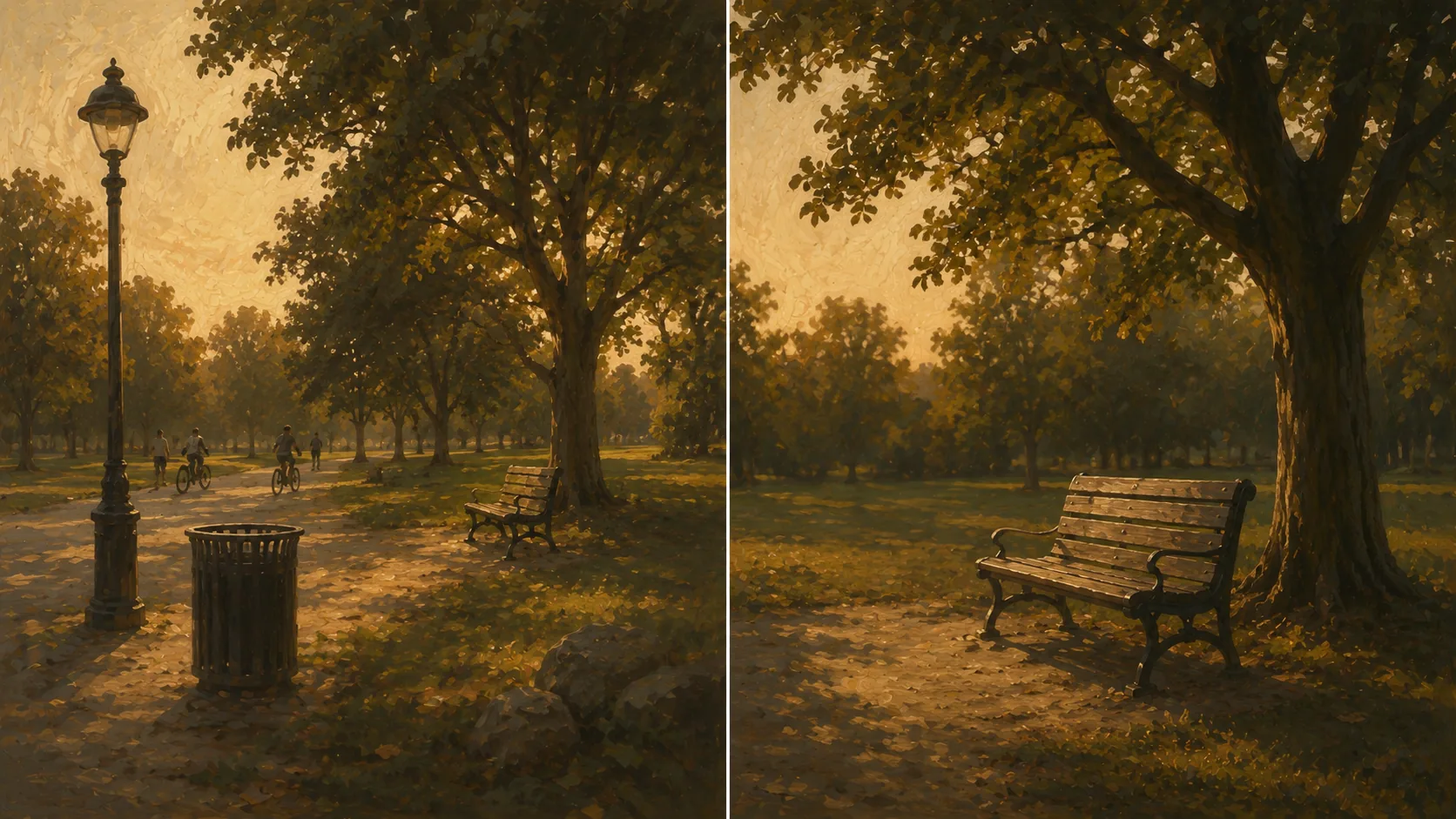 Two versions of the same park scene side by side, one cluttered with competing elements and one where a single bench under a tree reads clearly as the subject