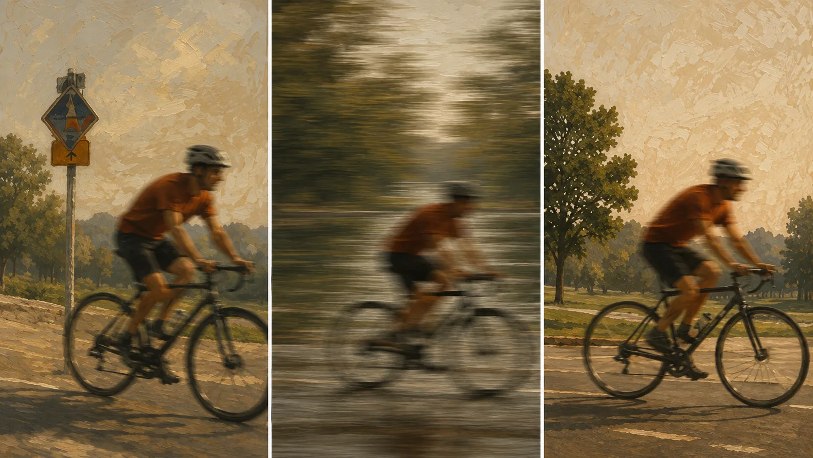 Three photographs of a cyclist showing missed focus, camera shake and subject motion blur, each labeled with its distinct visual signature