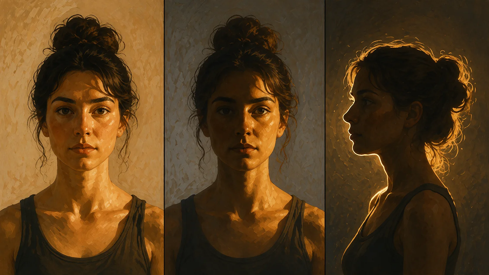 The same face photographed three times under front light, side light and backlight, showing how shadow placement changes the result