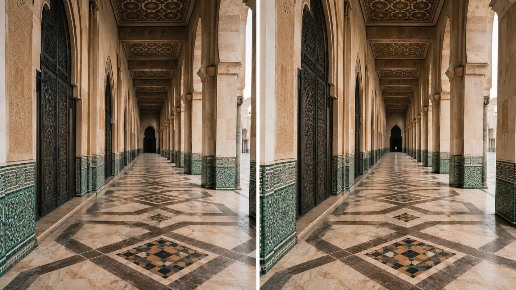 Two photographs of the same tiled corridor, one taken slightly off the center line with skewed converging lines, one taken exactly on axis with the vanishing point centered