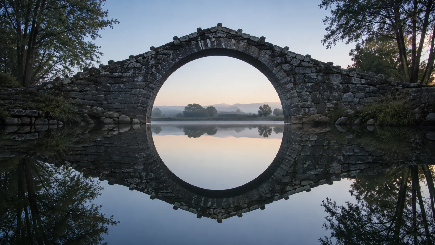 A stone bridge and its reflection in still water forming a nearly complete circle, with the waterline crossing the exact middle of the frame