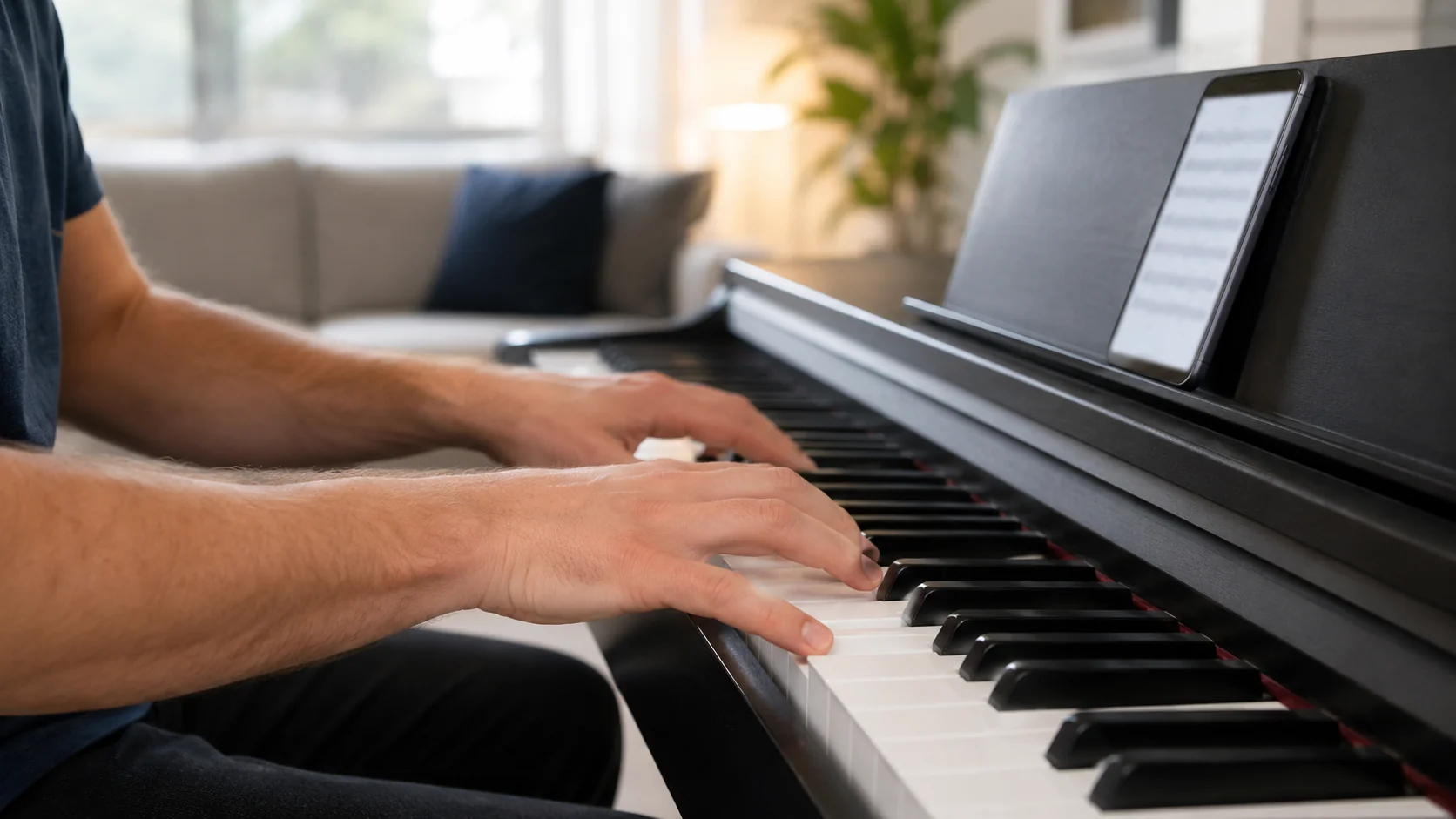 Duas mãos tocando acordes simples em bloco num piano digital numa sala clara, postura relaxada, celular na estante mostrando uma cifra simples sem notação legível