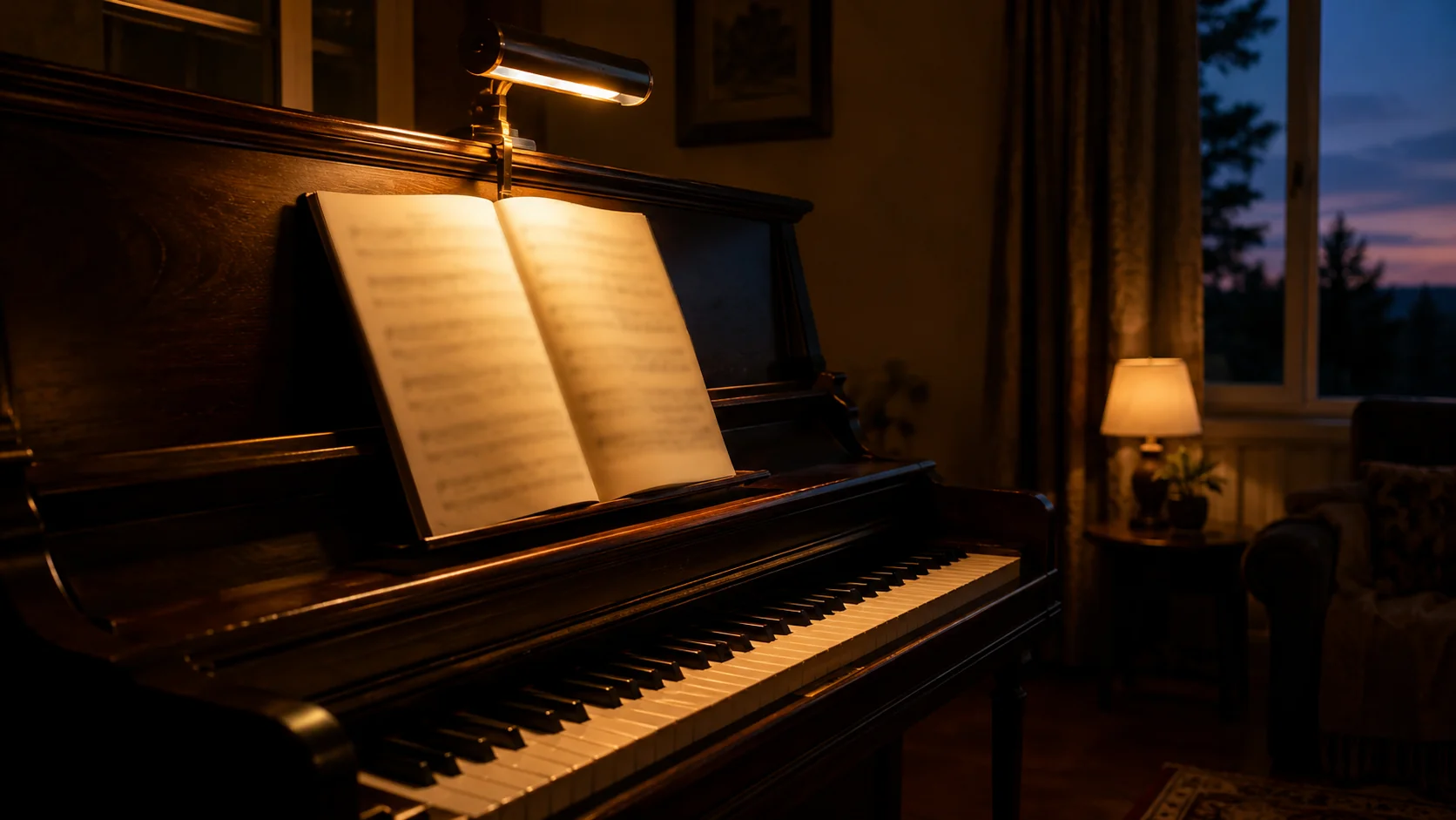 Um piano vertical com partitura aberta na estante sob um abajur quente numa sala aconchegante ao entardecer, teclas pegando a luz, sem notação legível visível