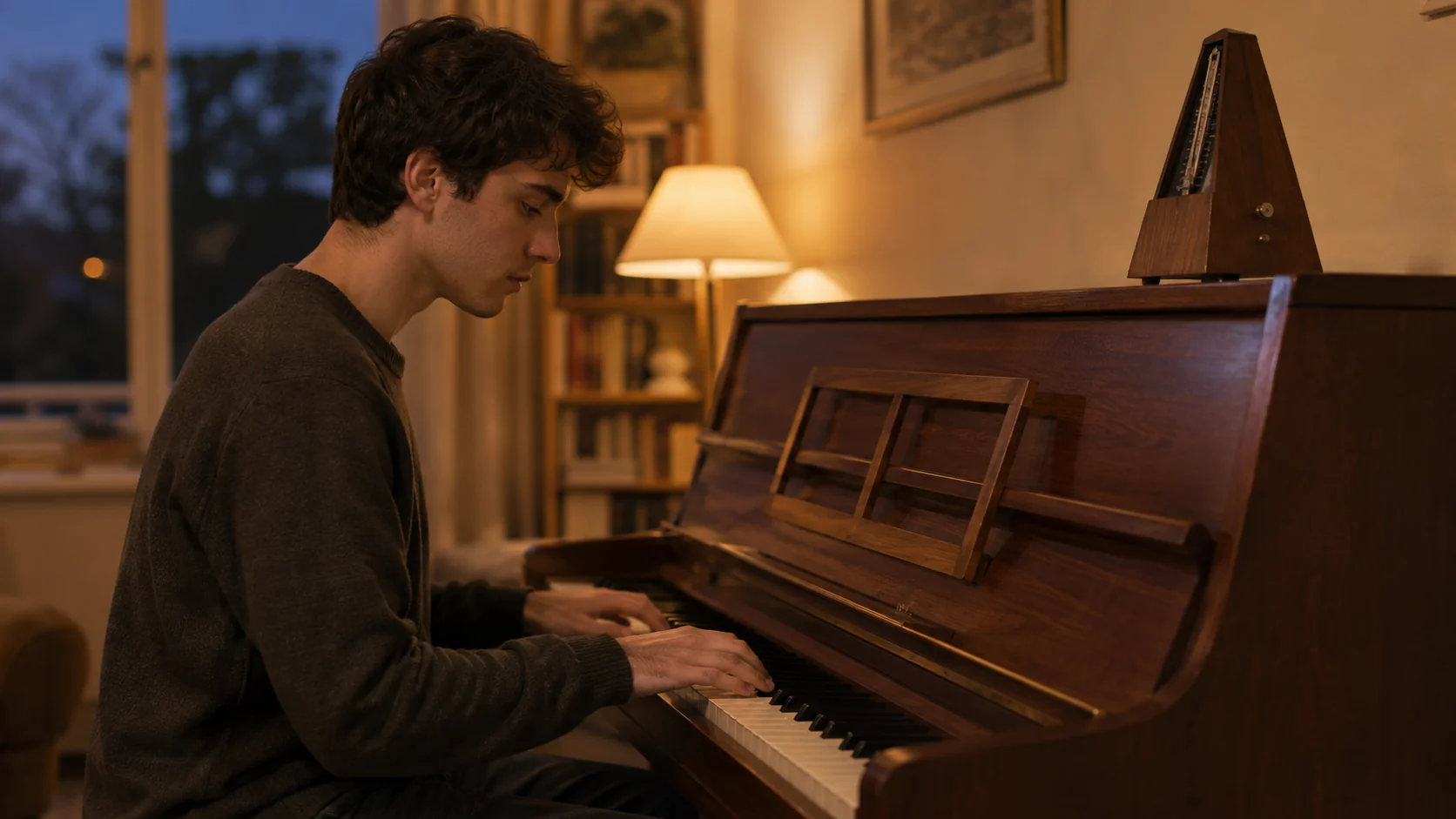 Uma pessoa estudando piano no fim de tarde com um metrônomo sobre o piano vertical, expressão concentrada, luz quente de abajur, estante de partitura vazia