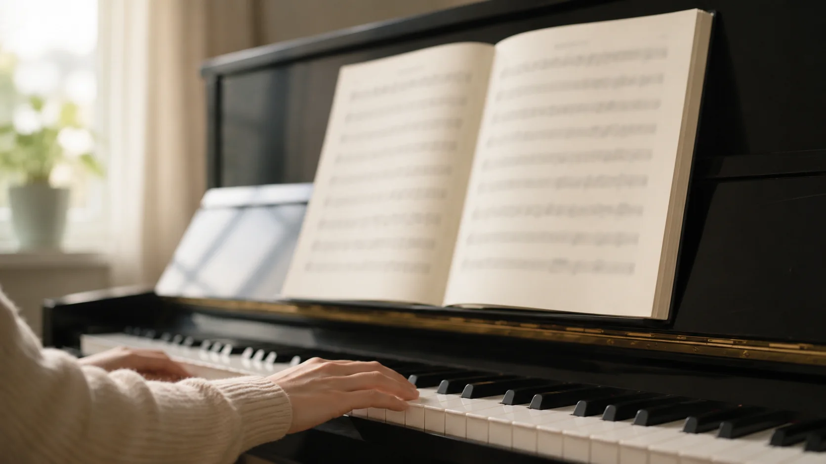 Um método de iniciante aberto na estante de um piano sob luz suave de janela, a página levemente desfocada sem notação legível, mãos apoiadas nas teclas abaixo
