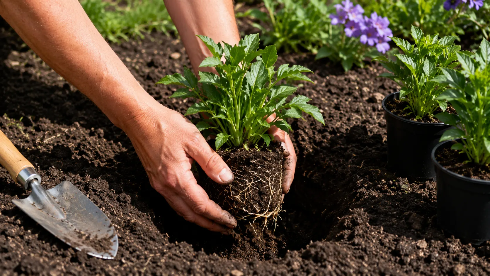 Hands setting a young perennial into a planting hole in loose garden soil in a sunny bed, with a trowel and two more plants in pots beside it