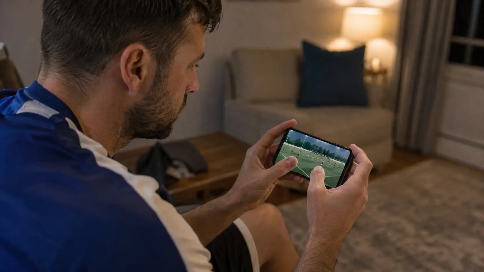 Amateur soccer player sitting on a bench at home watching a match recording on a phone