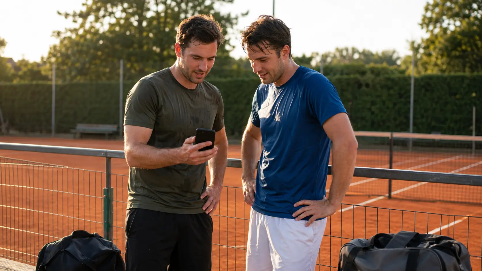 Dos jugadores de pie al borde de la cancha después del partido mirando juntos un celular