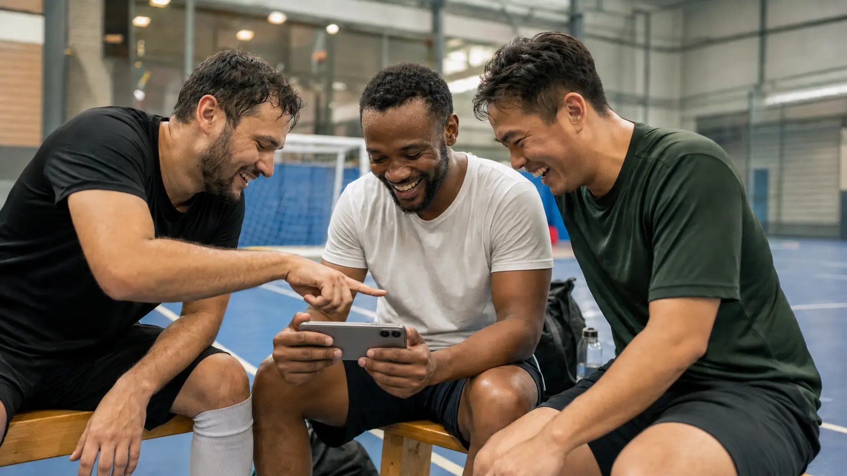 Tres jugadores con ropa deportiva reunidos alrededor de un teléfono al costado de una cancha