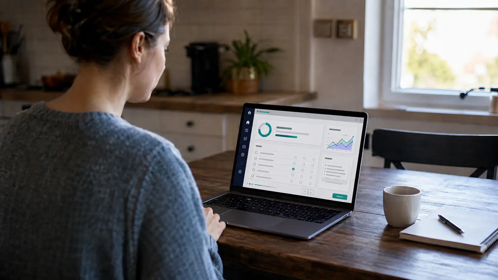 Pessoa no notebook respondendo um estudo de pesquisa online na mesa da cozinha