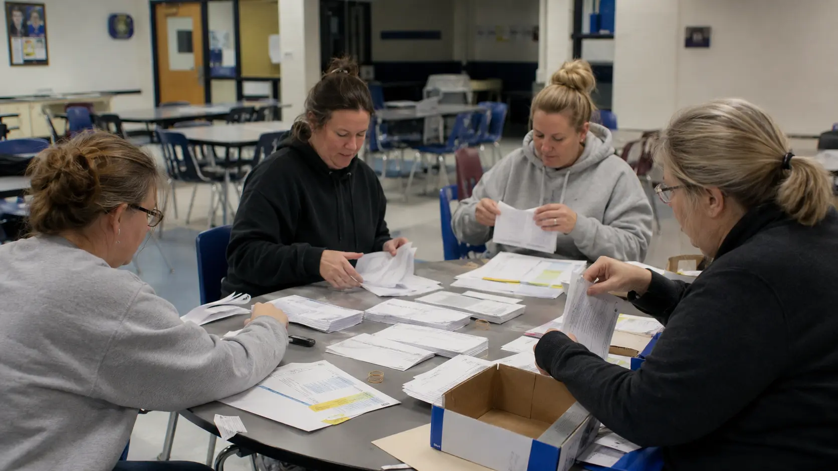 Parent volunteers sorting fundraiser order forms and envelopes across a school cafeteria table