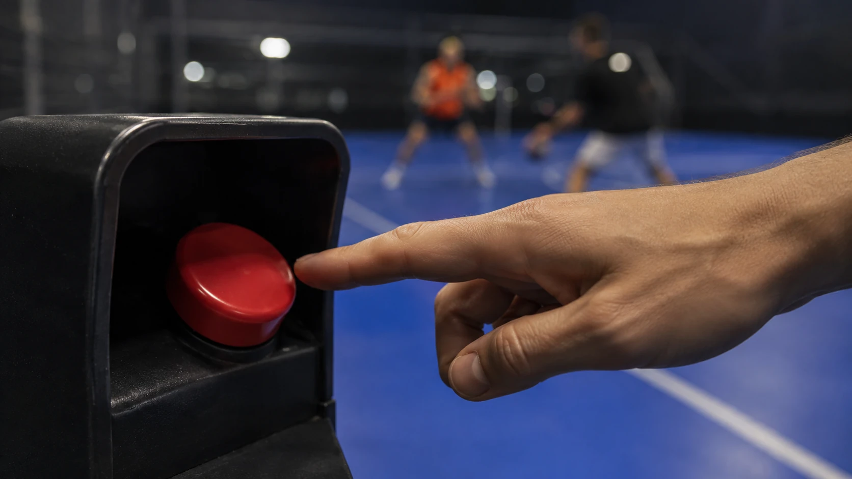 Player reaching for the replay button at the edge of an indoor court while a game continues behind