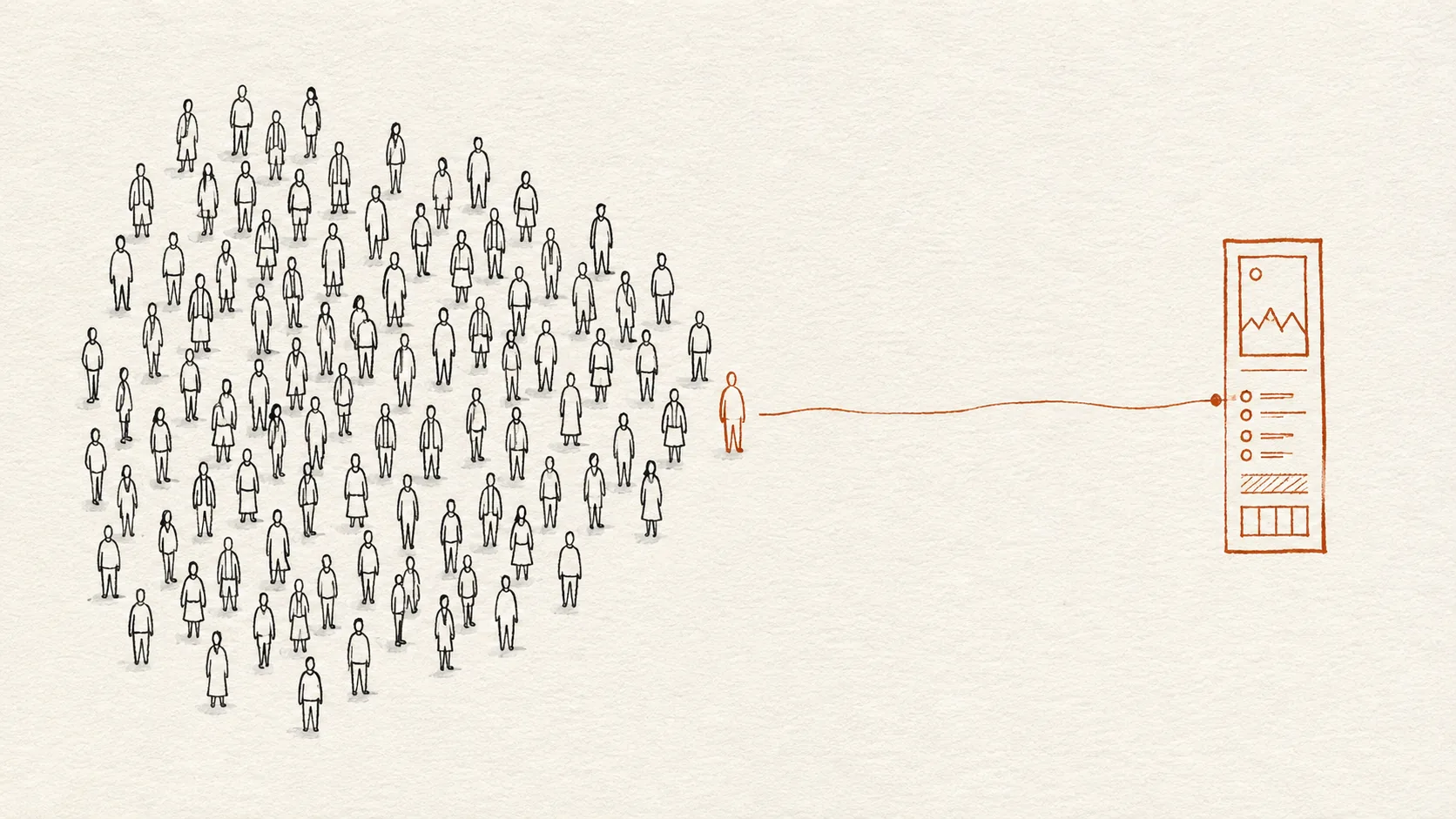 Ilustración que contrasta un grupo amplio de postulantes con un perfil profesional estrecho dirigido a un estudio específico