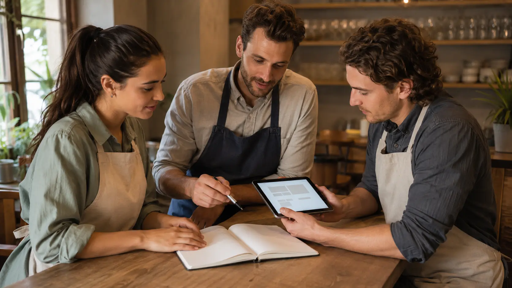 Equipo de restaurante reunido en la barra planificando una campana con cuaderno y tablet