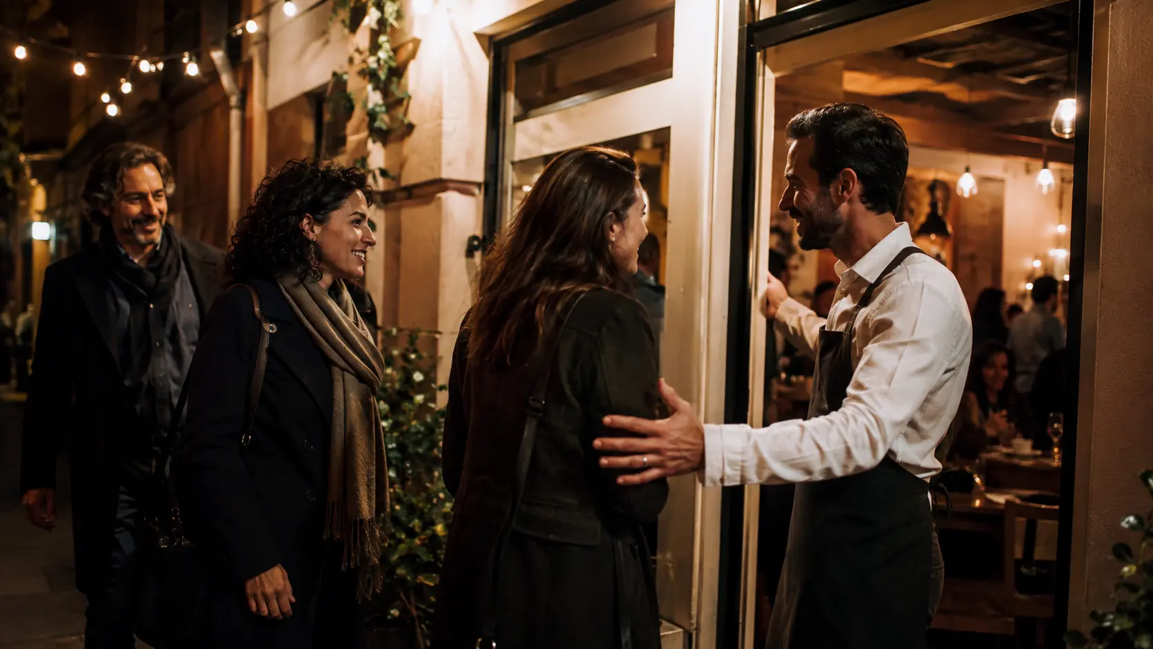 Clientes llegando a la entrada iluminada de un restaurante durante una noche de inauguracion