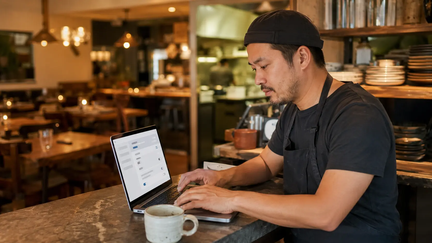 Restaurant owner at the counter updating business hours on a laptop with the dining room behind