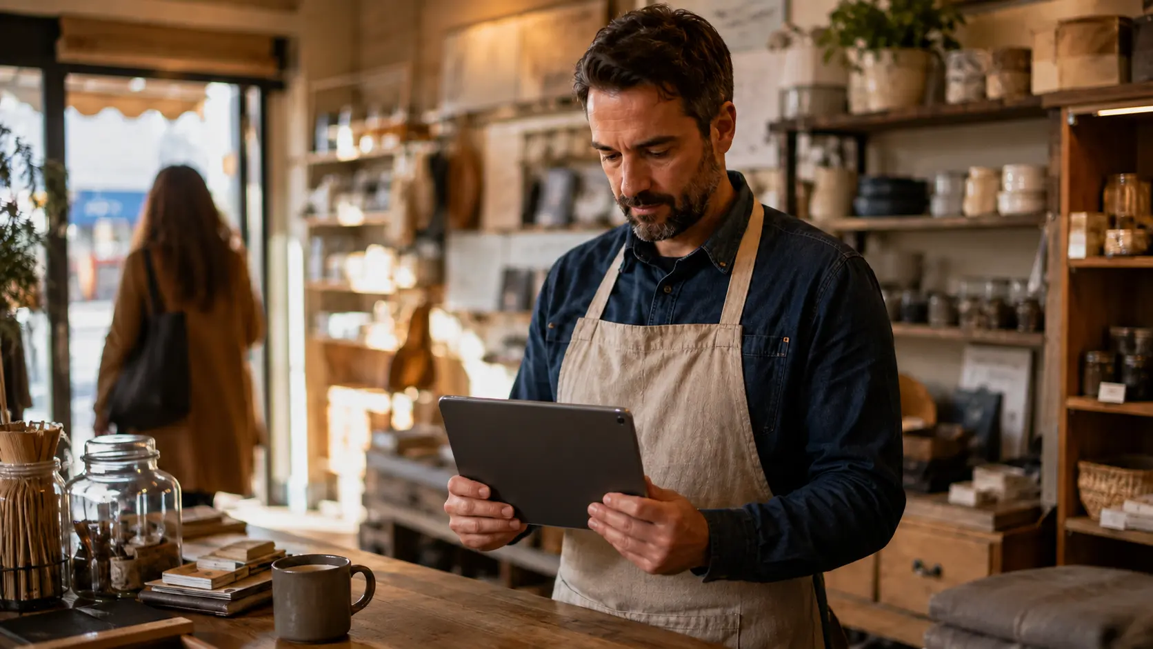 Business owner comparing customer retention software options on a laptop with a store counter in the background