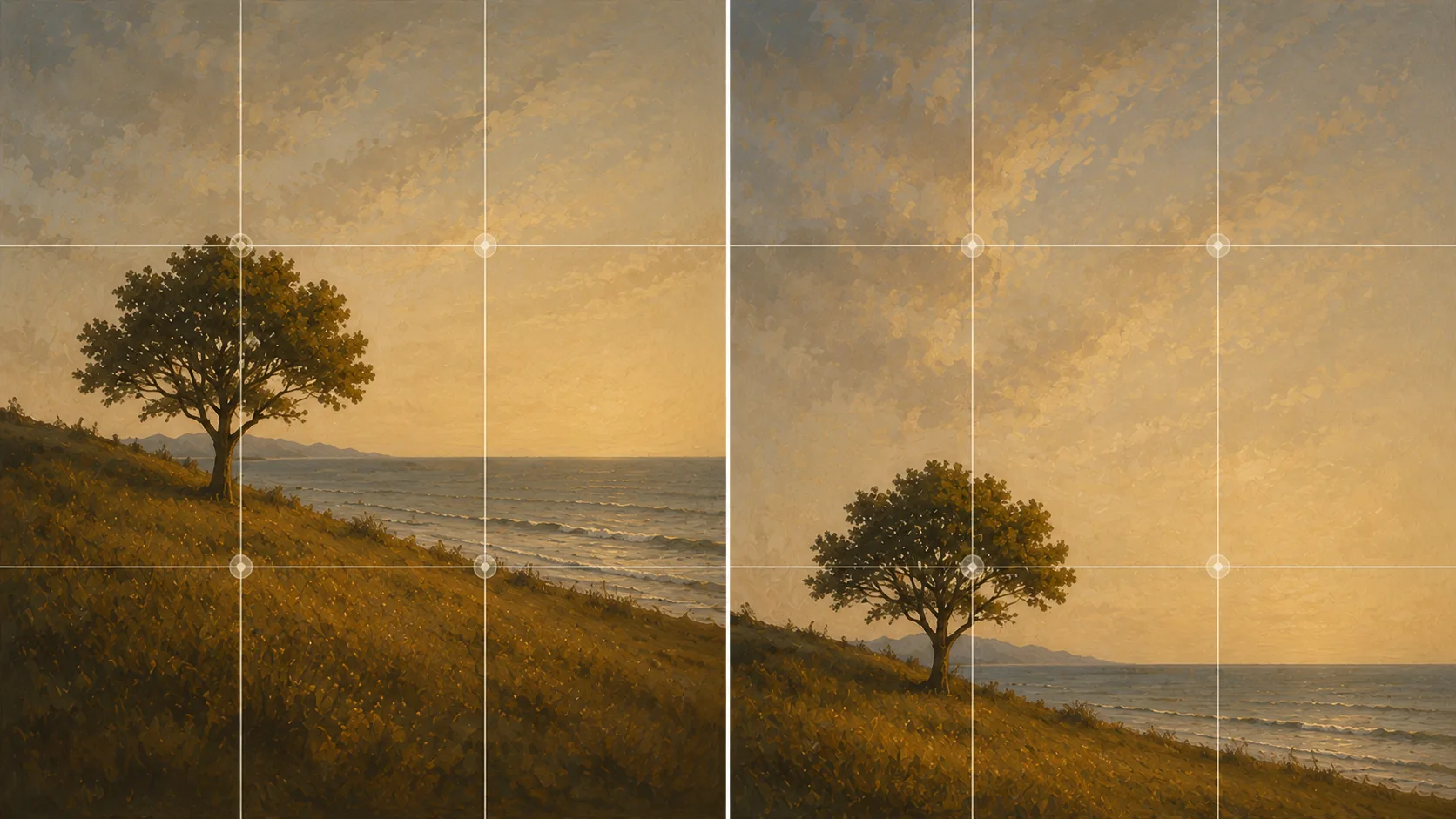 The same coastal scene shown twice with a thirds grid overlaid, once with the horizon centered and once with it on the lower line