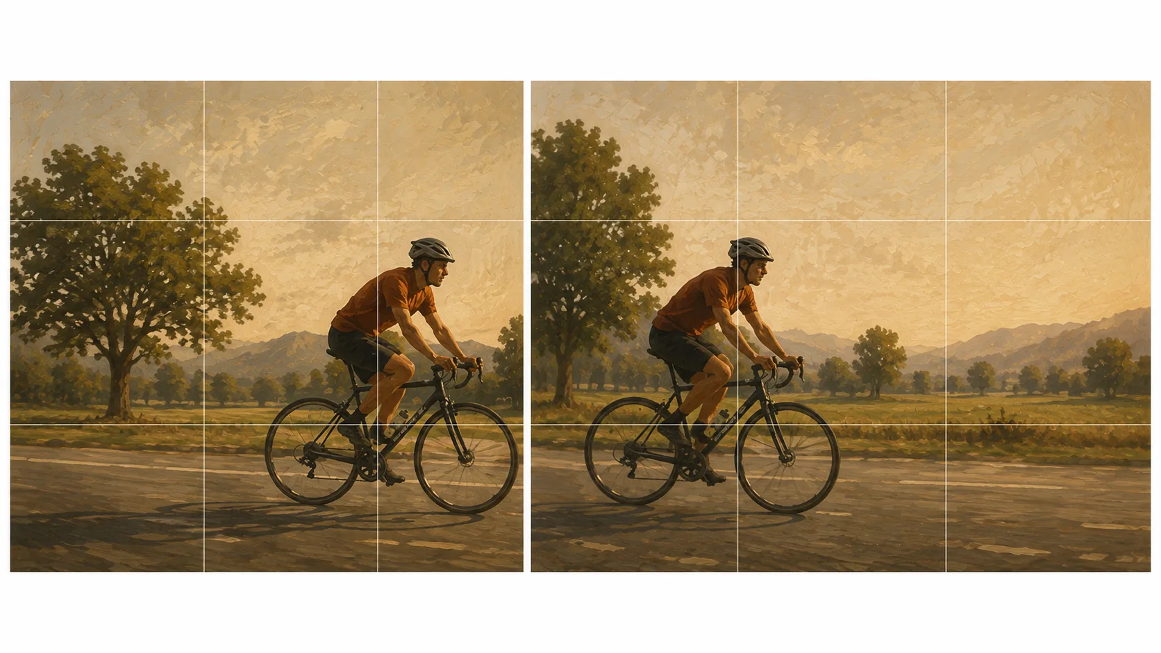 A cyclist photographed twice on opposite thirds, once with open space ahead and once running into the frame edge