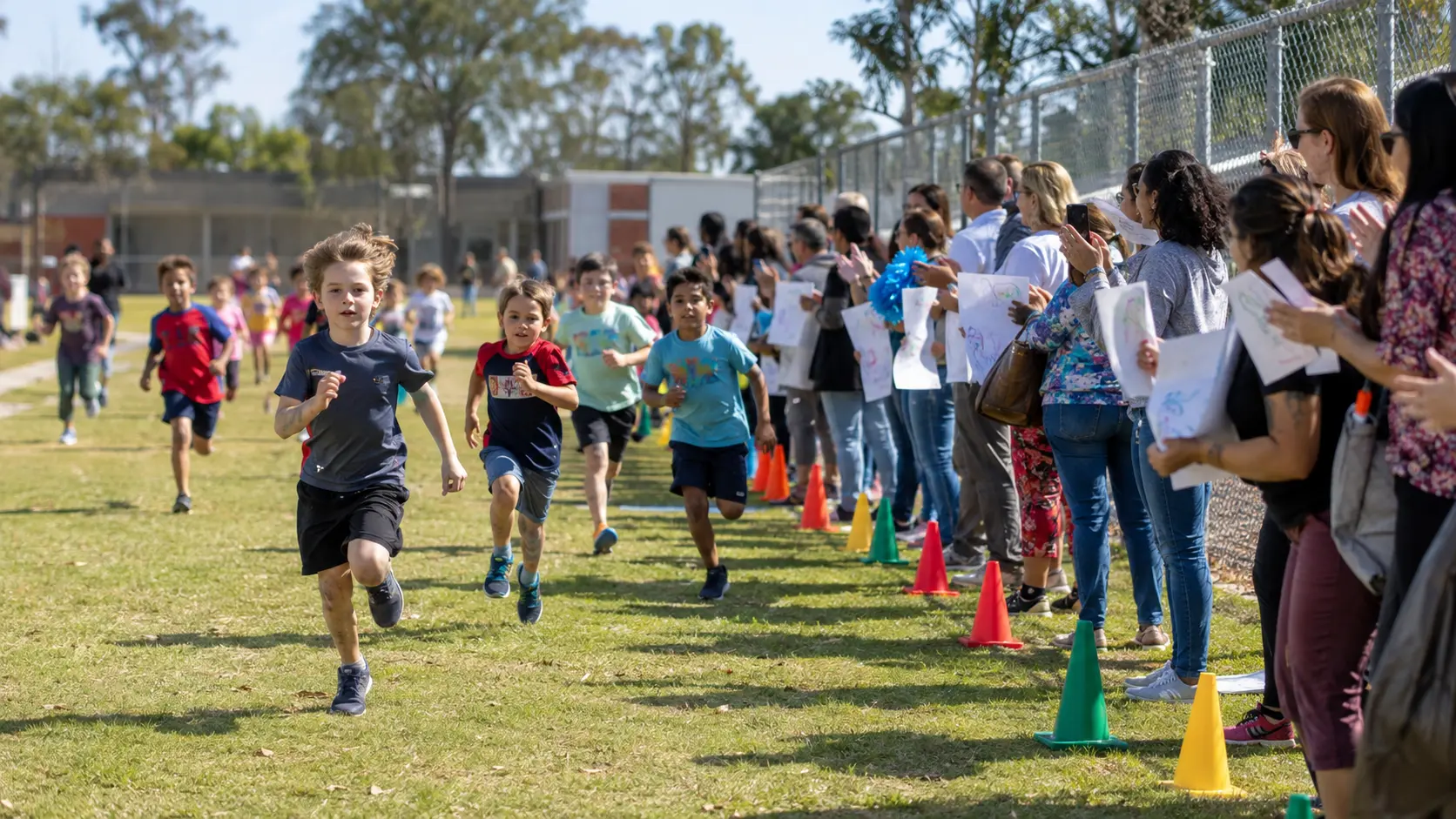 Elementary school students running a lap on a school field during a fundraising fun run with parents cheering