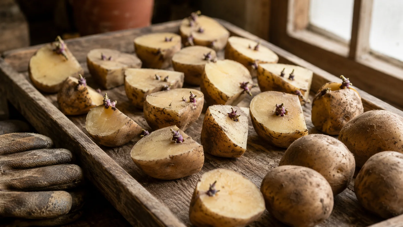 Pedaços de batata-semente cortados com olhos brotando visíveis secando numa bandeja de madeira ao lado de batatas-semente inteiras, luvas de jardim ao lado